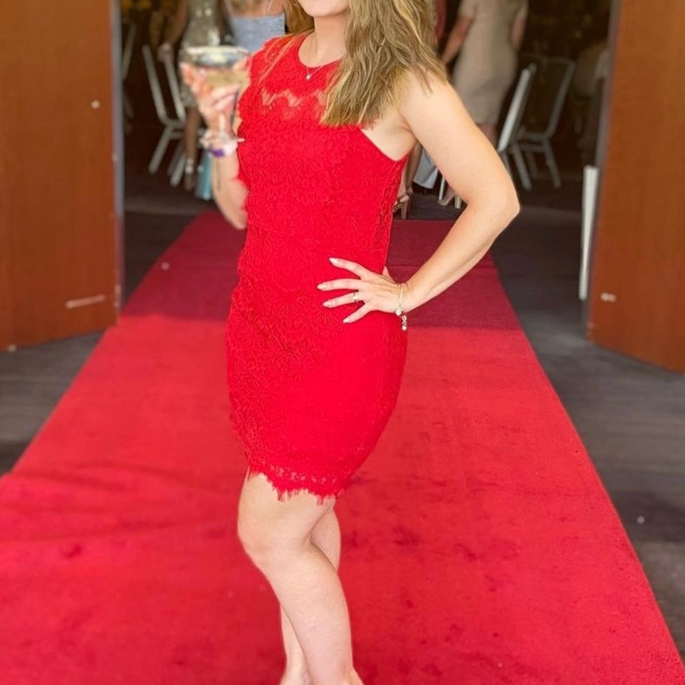 Main Strip Red Lace Cocktail Dress-Size Medium